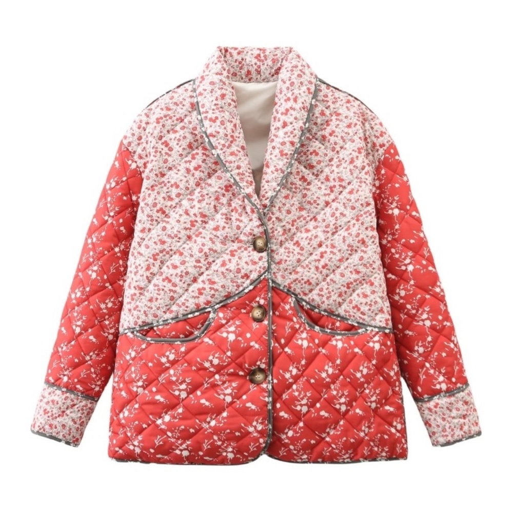 The Carmen Vibrant Micro Floral Patchwork Cropped Coat Quilted Puffer Jacket